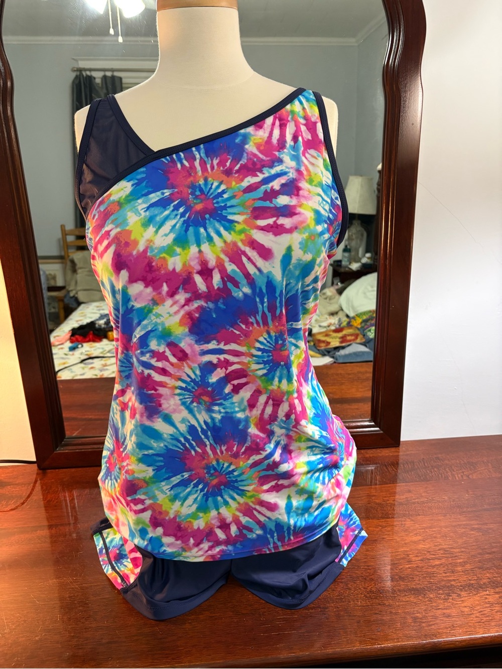 Free Country Multicolor Tie-Dye One-Shoulder Tank Top with Navy Trim